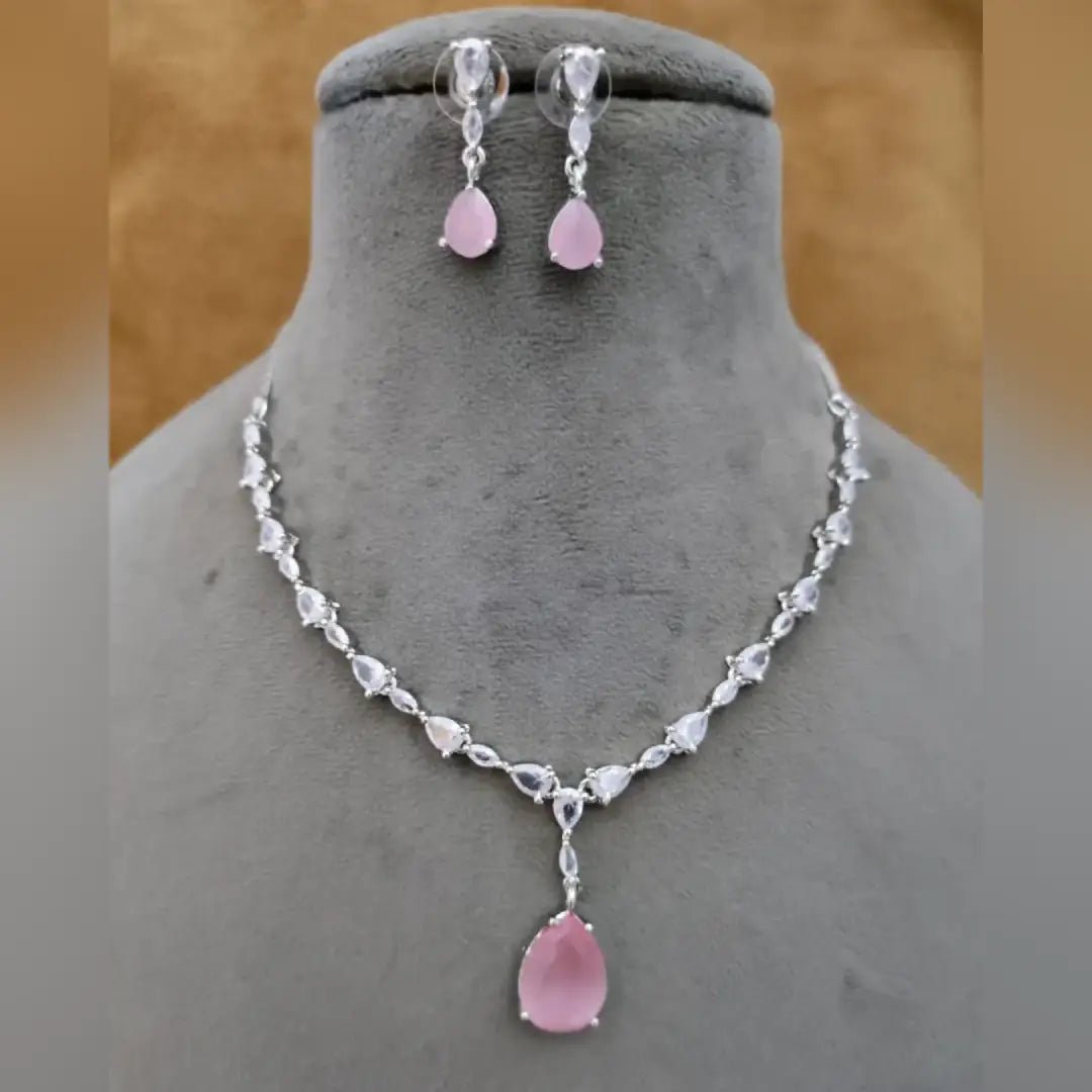 American Diamond Drop Pendant Necklace Set with Drop Earrings