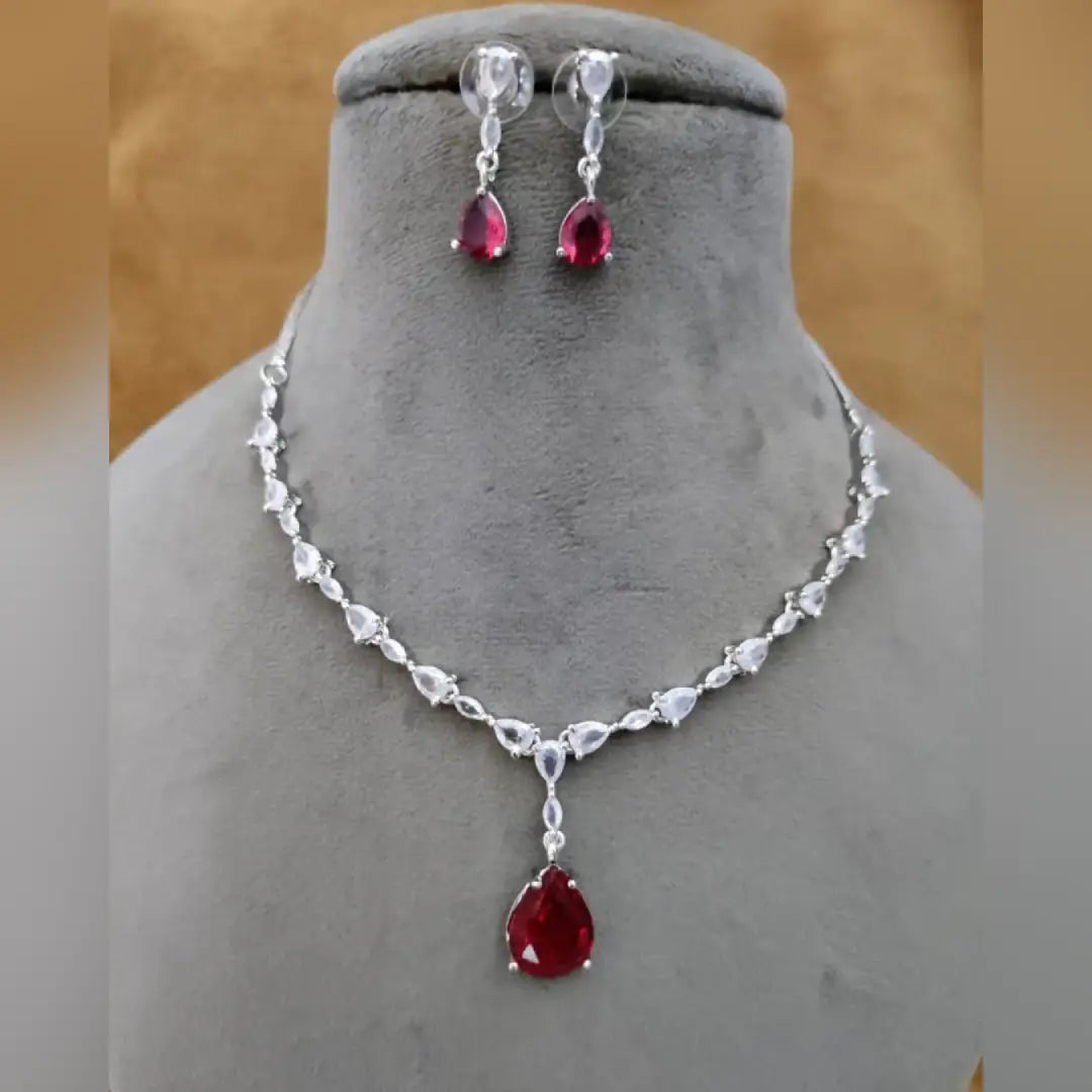 American Diamond Drop Pendant Necklace Set with Drop Earrings