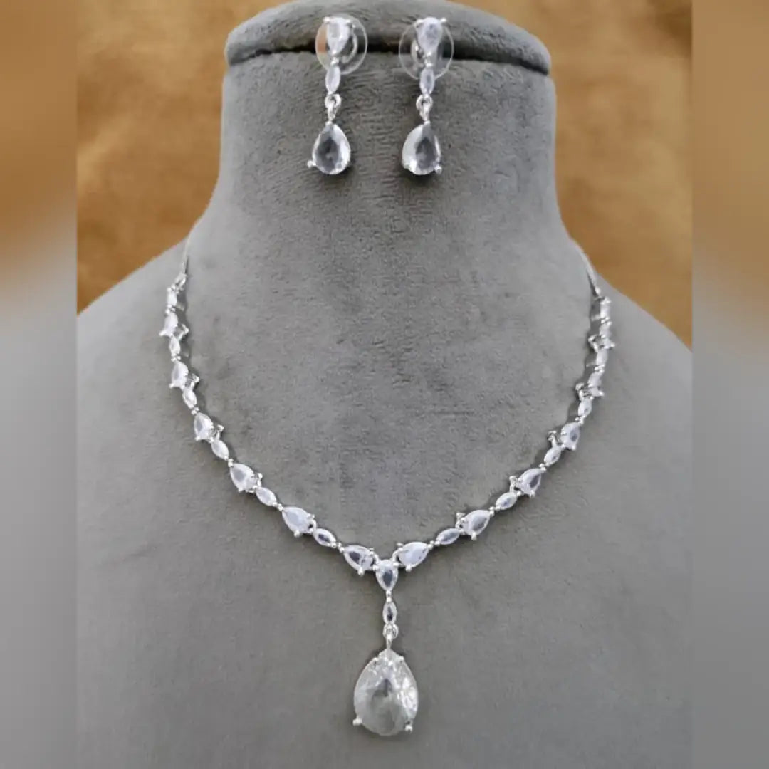 American Diamond Drop Pendant Necklace Set with Drop Earrings