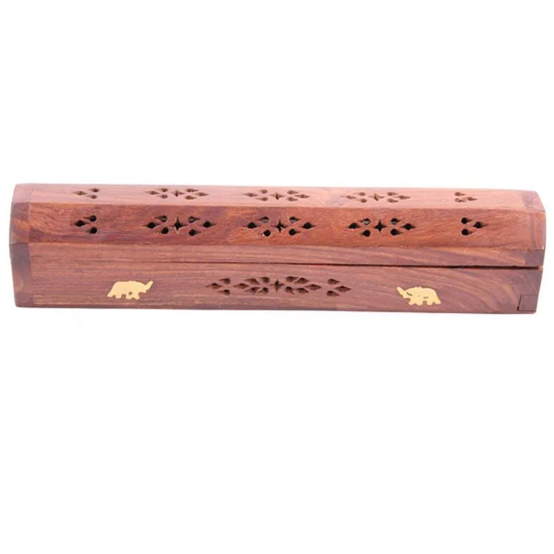 Sheesham Wood Incense Holder with Brass Inlay, Elephants